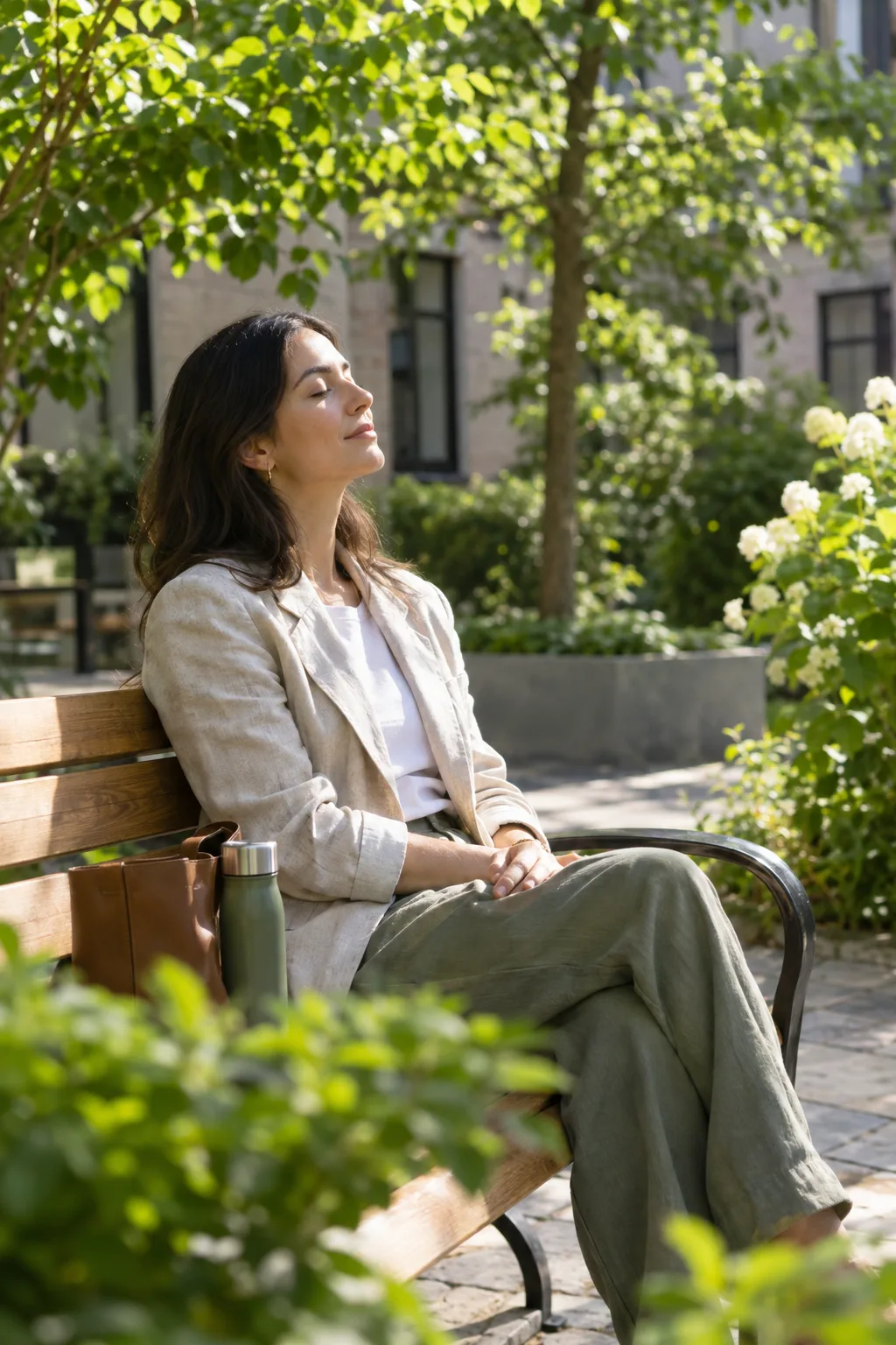 A person sitting calmly on a sunny bench with their eyes closed